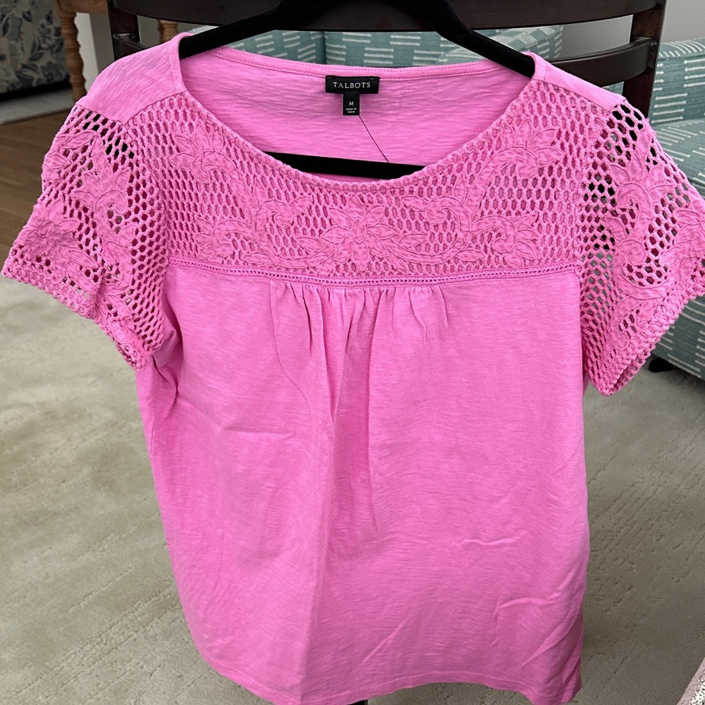 BRAND NEW WITH TAGS!! Talbots Pink Short Sleeve Top with crochet sleeves.